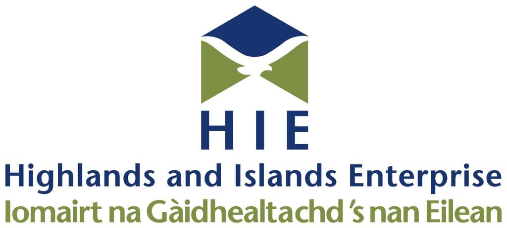 Logo of Highlands and Islands Enterprise featuring a stylized bird with outstretched wings inside a geometric shape. Text below reads: HIE Highlands and Islands Enterprise Iomairt na Gàidhealtachd ’s nan Eilean.