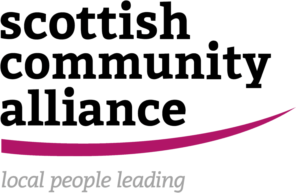 Logo of the Scottish Community Alliance with the text scottish community alliance in bold black letters and local people leading in smaller white letters. A pink swoosh runs beneath the larger text. The background is black.