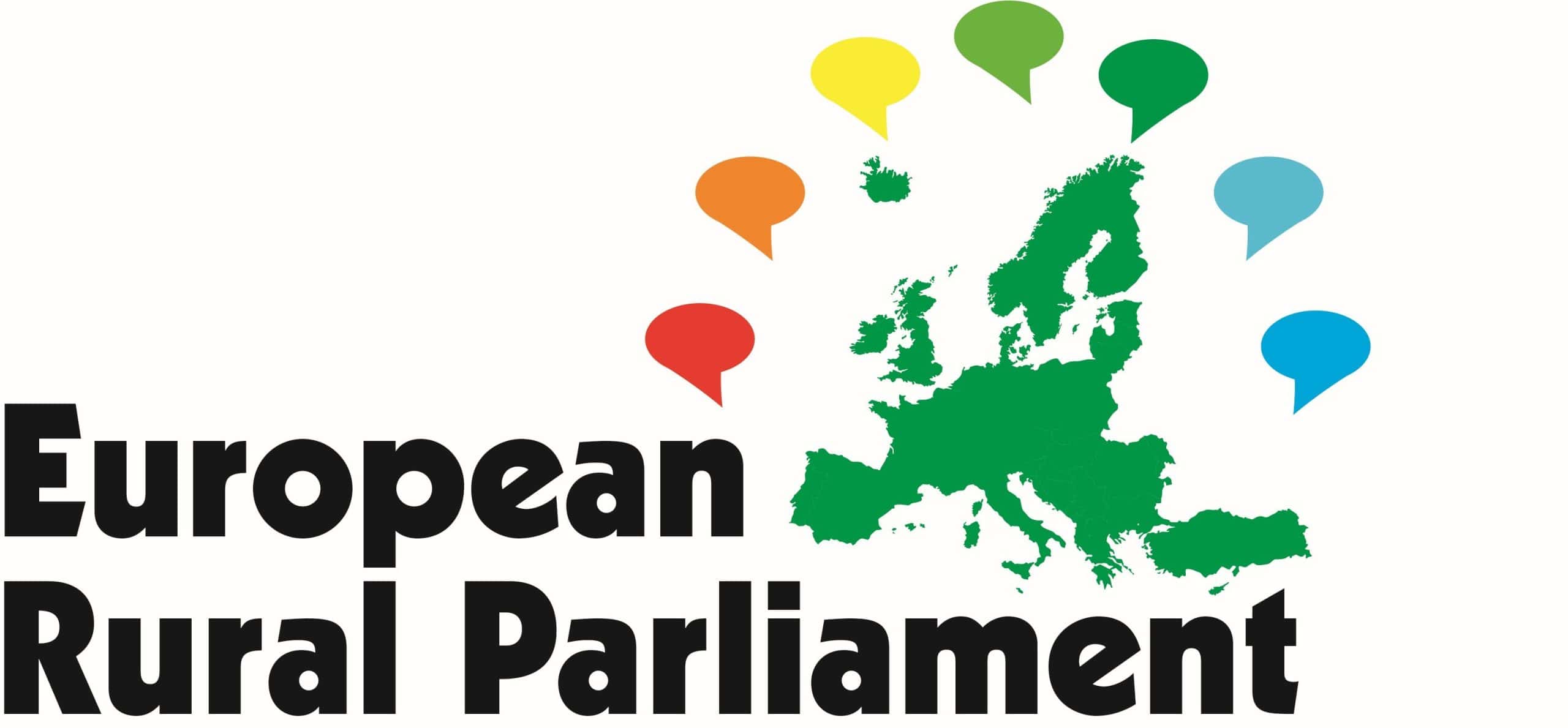 Logo of the European Rural Parliament featuring a green map of Europe surrounded by colorful speech bubbles. The text European Rural Parliament is in bold black letters on the left.