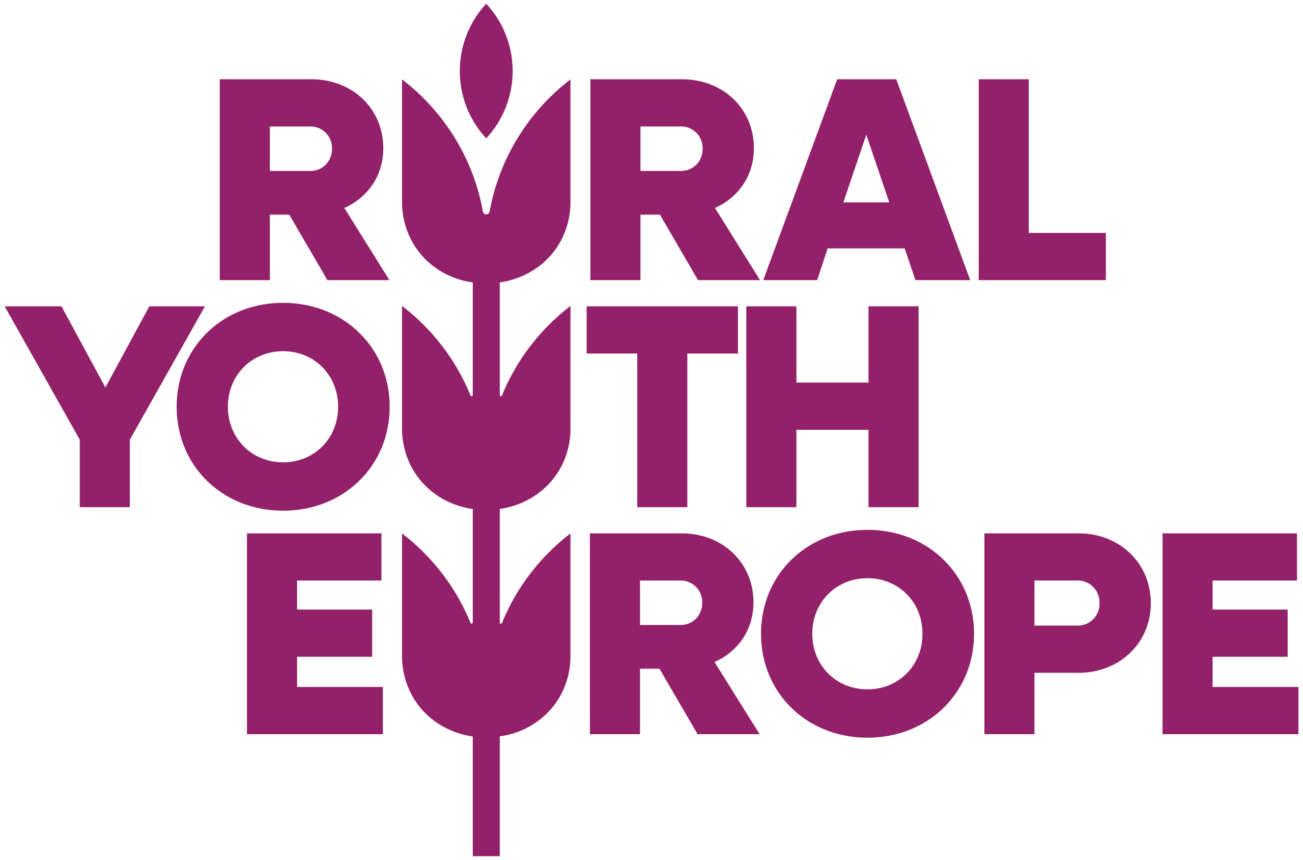 Purple text reads Rural Youth Europe with tulip shapes integrated into the words, forming a vertical line through the center. The design combines floral and bold text elements on a light background.