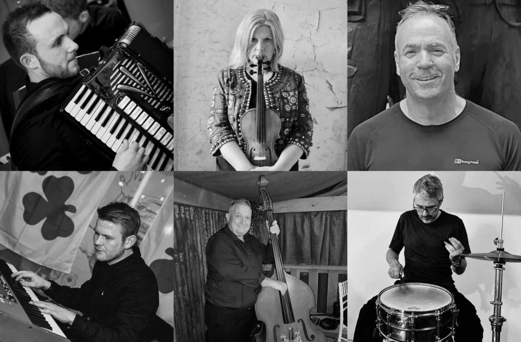 A collage of six black-and-white photos shows musicians: a man playing accordion, a woman holding a violin, a smiling man, a man at a keyboard, a man with a double bass, and a man playing drums.