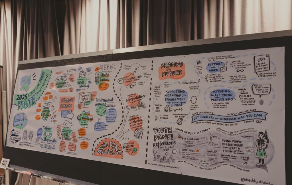A large illustrated board displays colorful sketches, text, and diagrams about youth engagement, future planning, and community support, with headings like “Shaping the Future” and “Youth Panel Reflections,” against curtain backdrops.