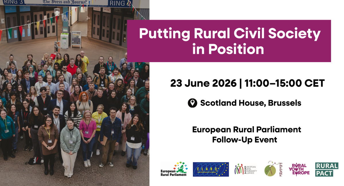 A large group of people pose for a group photo indoors. Event text reads: Putting Rural Civil Society in Position, 23 June 2026, 11:00–15:00 CET, Scotland House, Brussels. European Rural Parliament and Scottish Rural Islands Parliament follow-up event. Multiple logos are shown.