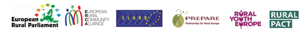 Logos of six organizations: European Rural Parliament, European Rural Community Alliance, ELARD, PREPARE, Rural Youth Europe, and Rural Pact, displayed in a horizontal row on a white background.