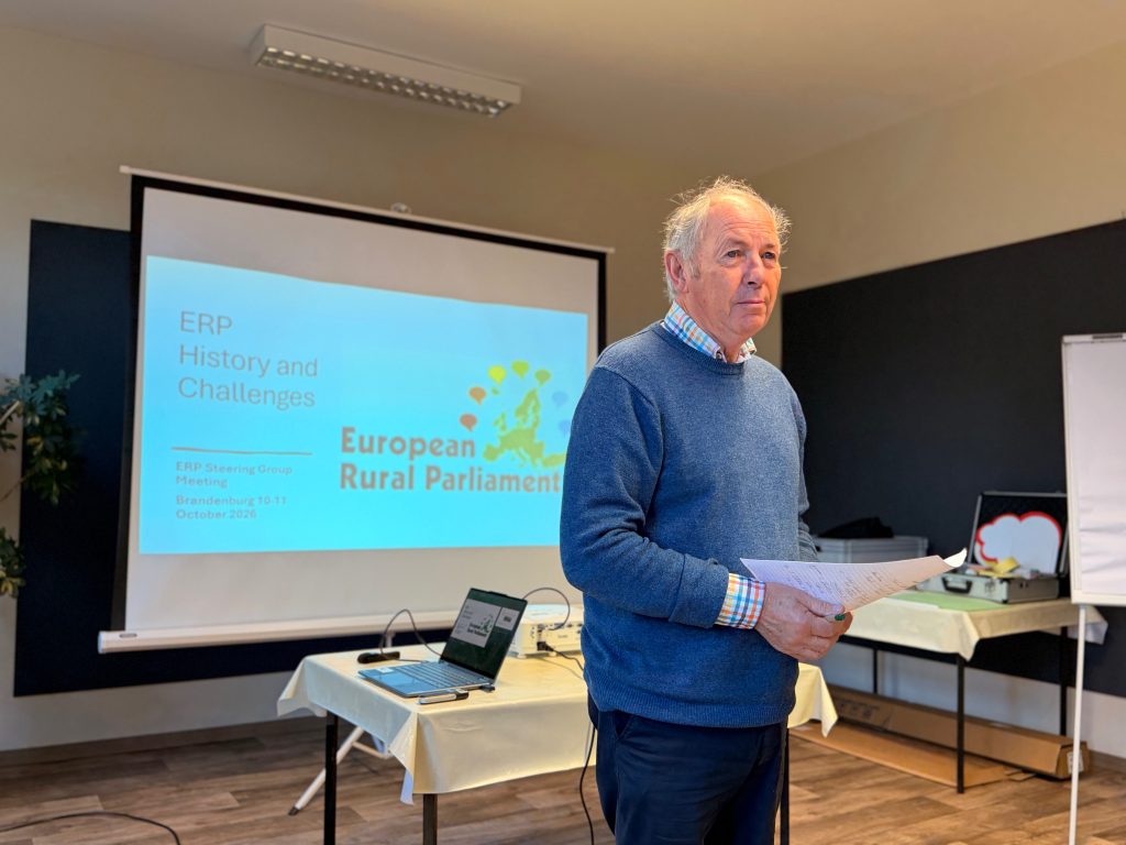 A man in a blue sweater stands in front of a projector screen titled ERP History and Challenges for the European Rural Parliament steering group meeting.