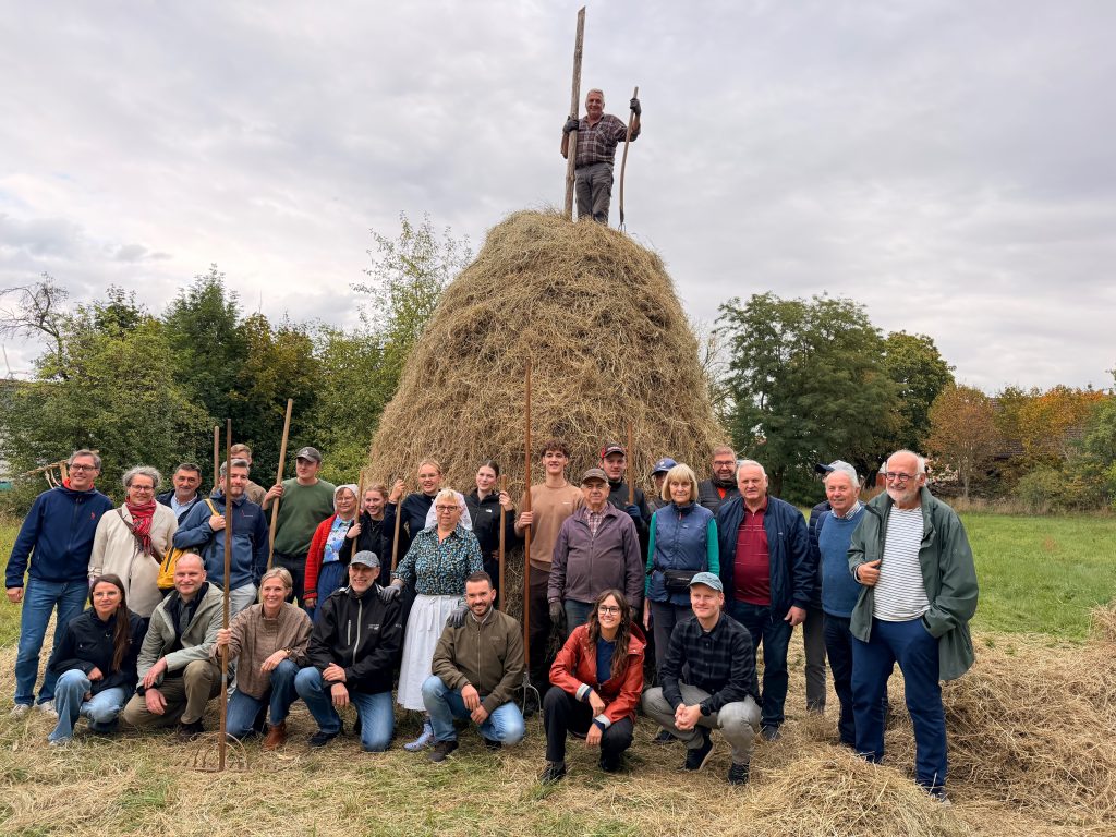 A large group of people stand in front of a tall haystack, with one man standing on top holding a pole.